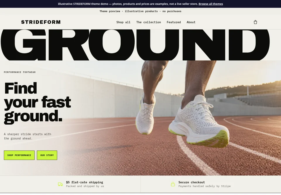 STRIDEFORM actual Snapfront storefront theme preview